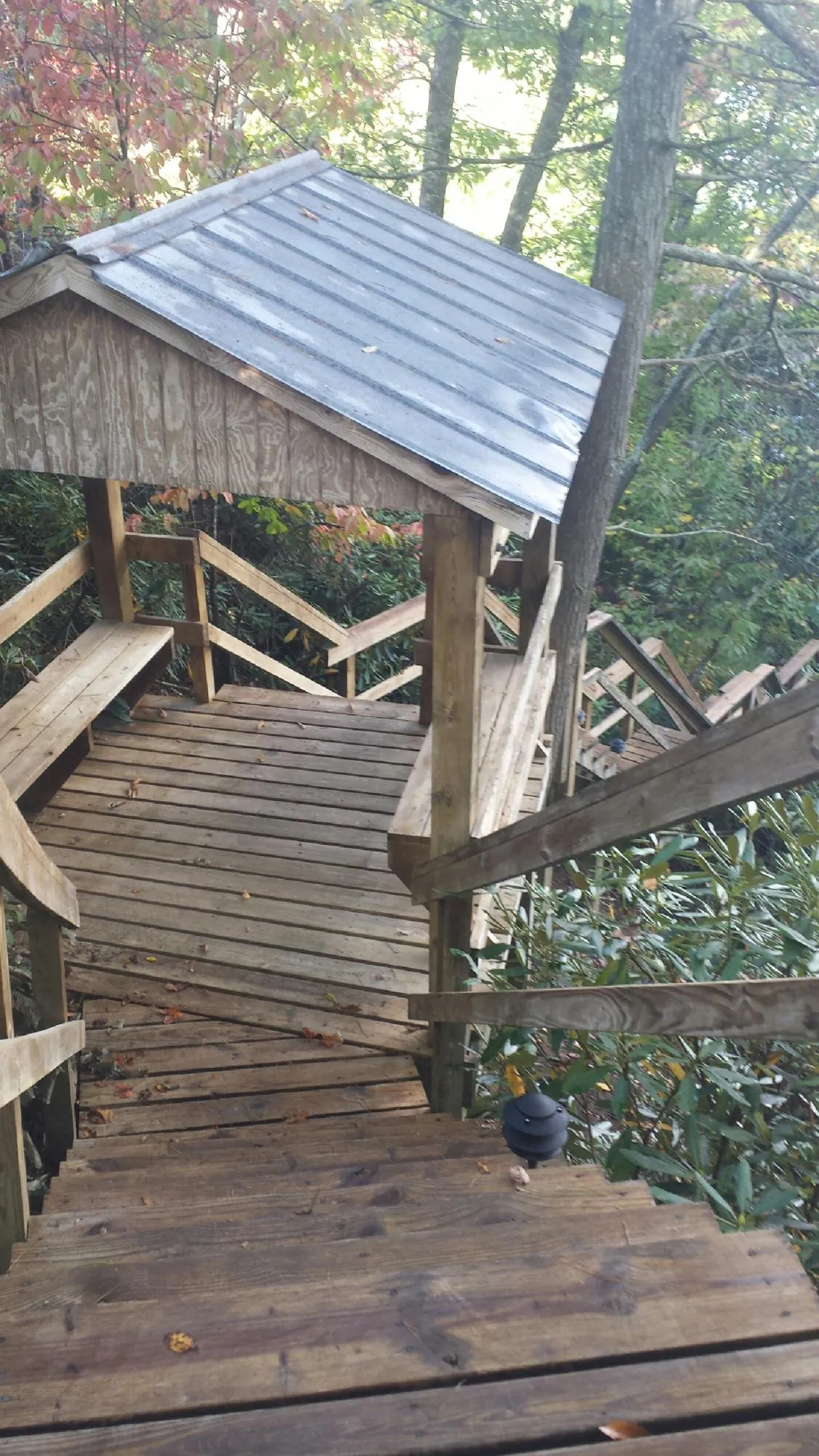 Metal roofed shelter over wooden steps on a wooded walkway — Skylight Repair & Installation work by our crew in Trout Creek